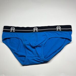 Bright Blue Men's Briefs with Black Waistband and White Logo Alpha Omega